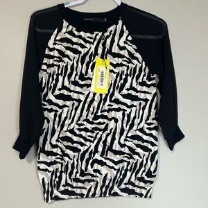 NWT Karen Millen Zebra Print With Black Sheer 3/4 Length Sleeves, Size 2
